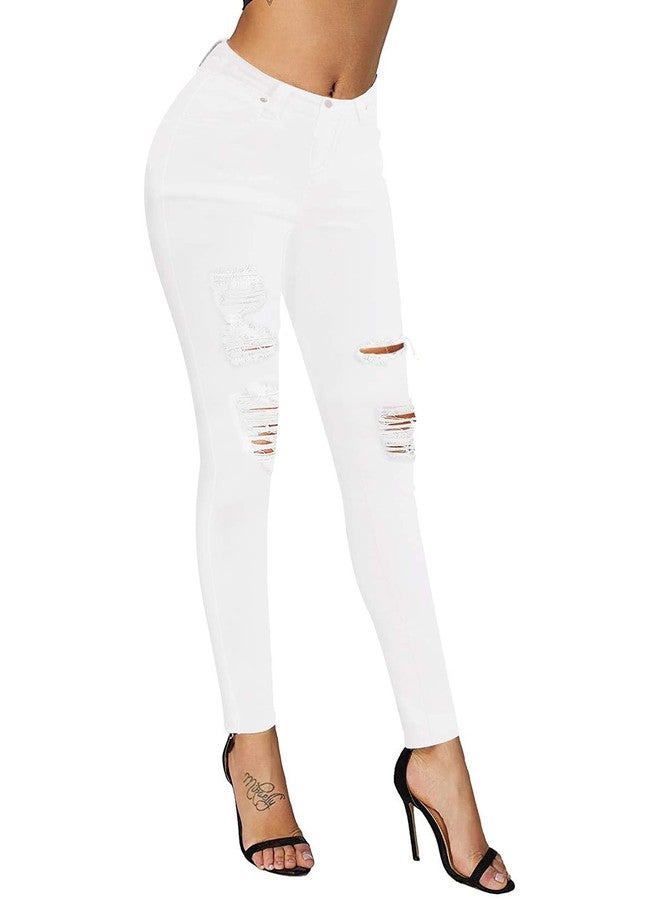 roswear Skinny Jeans for Women Ripped Stretchy Mid Rise Jeggings Casual Slimming Pants White - Image 2